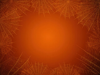 Spooky Halloween background featuring orange gradient with intricate spider web designs framing edges, creating eerie yet festive atmosphere perfect for seasonal decorations