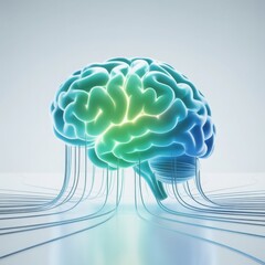 Vibrant human brain model with glowing neurons and data streams representing cognitive function and neural network activity