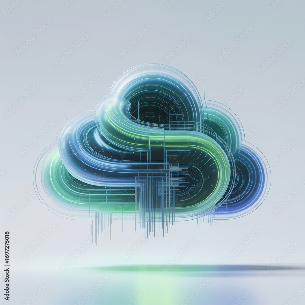 Poster abstract swirling blue green cloud shape with icicle-like protrusions and subtle light reflections f