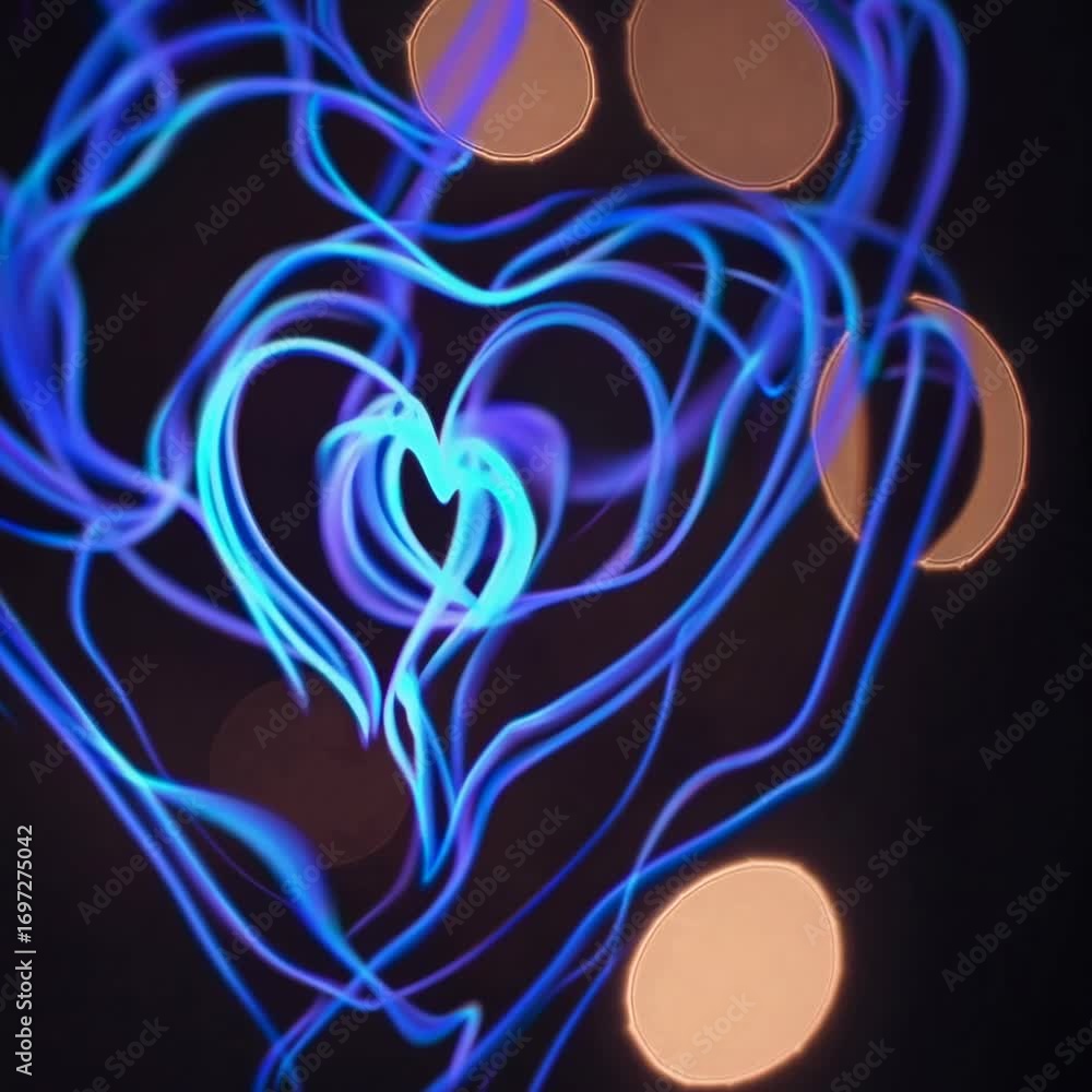 Poster dynamic video concept with neon blue light trails forming a heart shape. captured from a top-down an