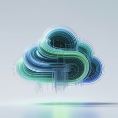 Abstract swirling blue green cloud shape with icicle-like protrusions and subtle light reflections floating above a smooth surface