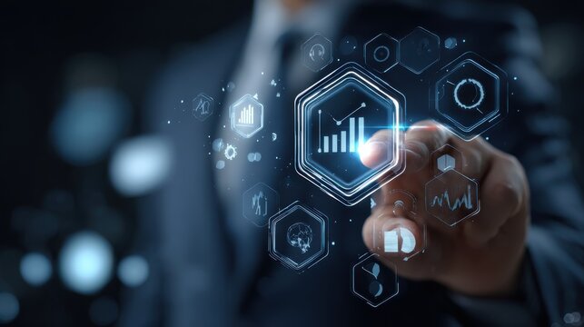 Ai Businessman working with modern interface Business analytics Big data technology and data science. Data flow concept.Business computing digital composite.