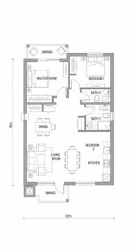 Minimalist architectural floor plan of a modern house 8x12 meters with 2 bedrooms, 2 bathrooms, living room, and dining area.