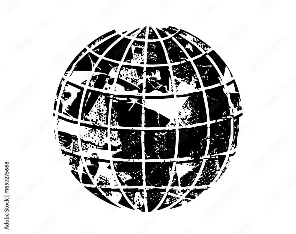 Poster vector gridded globe depicts a world map in a distressed style.