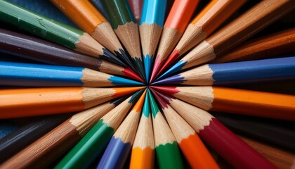 Fototapeta premium Vibrant colored pencils radiate outward in a stunning radial pattern, perfect for creative projects