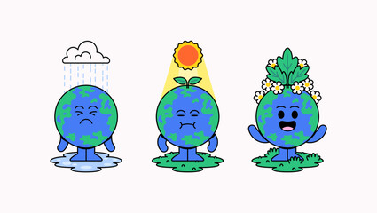Cartoon Earth characters: sad in rain, neutral in sun, and happy with plants. Bright hand-drawn style, symbolizing climate, ecology, sustainability, and Earth Day vector illustration