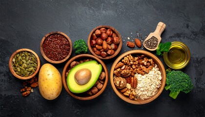 Assorted Healthy Superfoods with Nuts, Seeds, Avocado, and Olive Oil