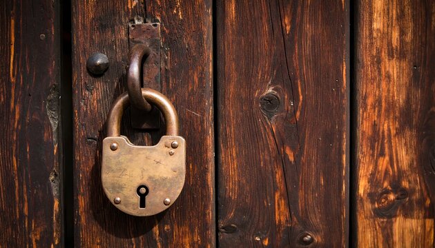 Antique padlock on weathered wooden door