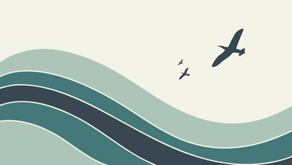 Abstract waves and birds flying ocean