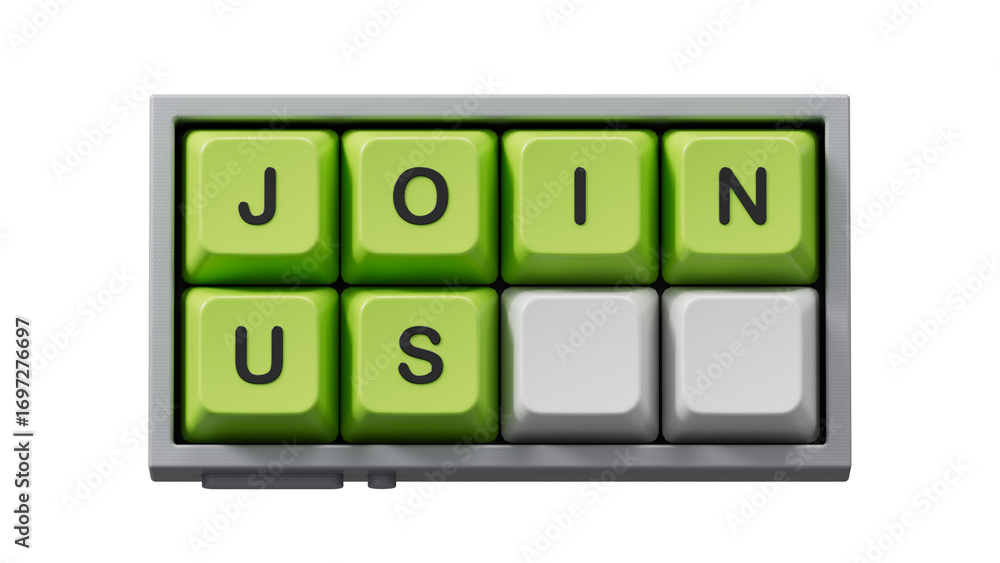 Poster join us word on computer keyboard keys on wood table. copy space.supports png files with transparent