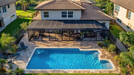 Aerial view of a luxurious home with screened-in pool and outdoor dining area. Showcase this property for real estate listings or architectural designs.