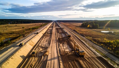 Aerial view of pipeline construction, heavy machinery, rural landscape, autumn light.