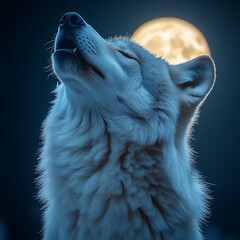 A wolf, head and shoulders, under a full moon