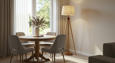 A sun-drenched dining area with a round wooden table, upholstered chairs, and a tripod floor lamp, creating a warm and inviting atmosphere