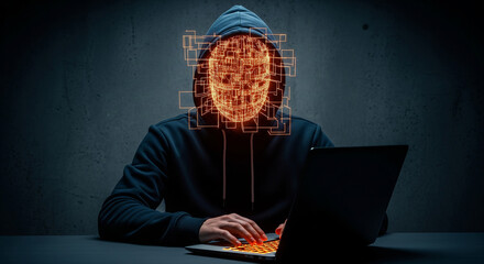 An anonymous hacker with a digital face overlay uses a laptop in the dark, symbolizing cybercrime, hacking, and modern cybersecurity threats