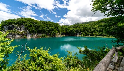 Obraz premium Turquoise Lake surrounded by Lush Green Forest and Dramatic Sky Landscape