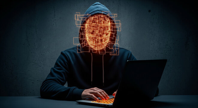 An anonymous hacker with a digital face overlay uses a laptop in the dark, symbolizing cybercrime, hacking, and modern cybersecurity threats - Powered by Adobe