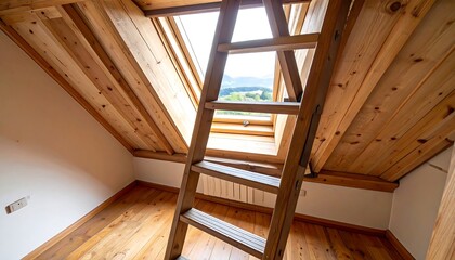 Wooden attic room with ladder and skylight