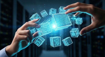 Hands interact with a glowing holographic CPU, a futuristic concept of advanced computing, data processing, and technological innovation perfectly