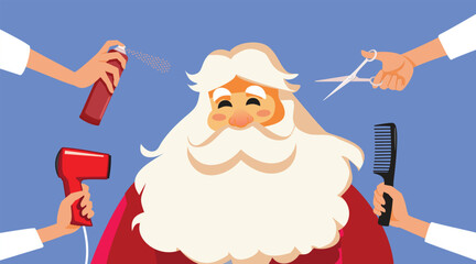 Santa Claus Ready for Christmas at Barber Shop Vector Cartoon. Cheerful Santa going to the hair salon for xmas party cerebration new look 