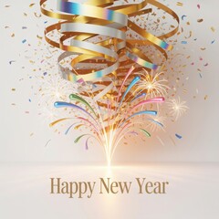 Festive happy new year celebration with confetti streamers and sparkles on a clean bright background