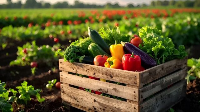 収穫されたばかりの有機野菜が木製クレートに整然と並べられた農場の風景です。
エコ農業や持続可能な農法を象徴し、自然光が野菜の色彩を際立たせます。
背景には広がる農地や青空があり、自然環境と農業の調和を表現。