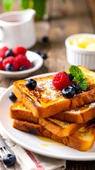 Stacked French toast topped with berries and mint