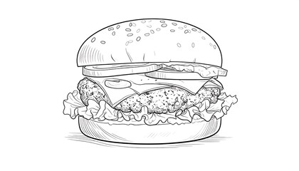 Detailed line drawing of a hamburger
