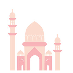 Pink mosque complex with multiple domes and minarets, detailed Islamic architecture illustration.