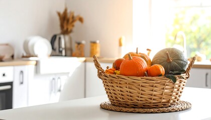 Autumnal kitchen scene with pumpkins in a basket