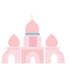 Pink mosque with domes and minarets, elegant Islamic architecture illustration perfect for cultural or religious themes.