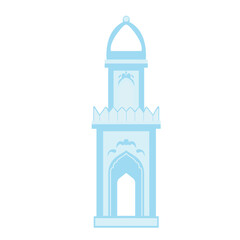 Flat illustration of slender light blue minaret with pointed arches and open balustrade. Great for religious or cultural designs.