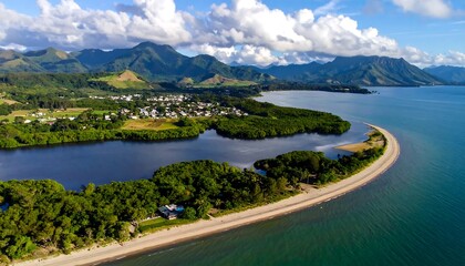 Panoramic coastal view of a bay and town