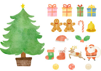水彩で描いたクリスマスツリーのイラストセット