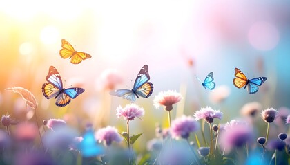 Colorful butterflies flitting amongst vibrant wildflowers in a sunlit meadow