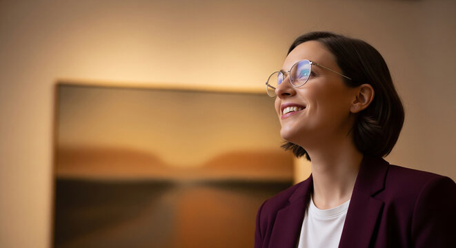 A smiling professional woman with glasses looks towards the future with optimism, a perfect portrait for corporate vision, success, and confidence