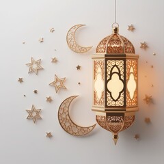Ornate islamic lantern with crescent moons and stars adorning a textured wall for ramadan and eid celebrations