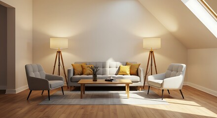 Modern dining room setup with grey upholstered chairs and pendant lights above a wooden table with a long bench seat