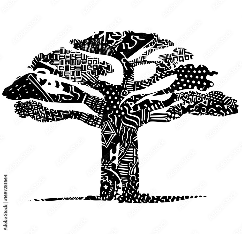 Poster vector intricate baobab tree with patterned branches and trunk.
