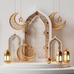 Ramadan kareem islamic decorative display featuring golden crescents stars lanterns and ornate arches creating a festive atmosphere for celebration