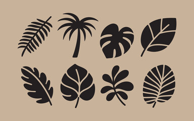 Collection of stylized black tropical leaves and palm tree silhouette on a textured background