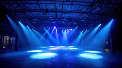 A dark, spacious venue illuminated by blue stage lights, creating a vibrant atmosphere suitable for performances or events.