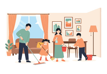 Adobe illustrator artwork vector illustration. A joyful mother vacuums the living room while her young daughter happily rides on the vacuum cleaner. A heartwarming scene of family life