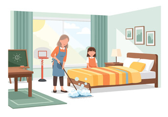 Adobe illustrator artwork vector illustration. A joyful mother vacuums the living room while her young daughter happily rides on the vacuum cleaner. A heartwarming scene of family life