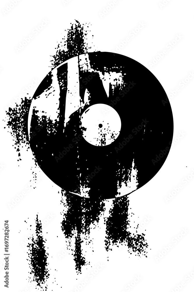Poster vector abstract black disc with distressed texture and splatter effects.