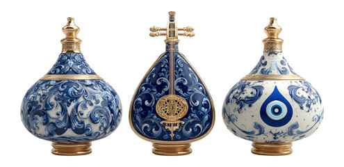Elegant Decorative Vessels with Intricate Designs in Blue and Gold