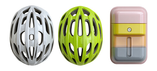 Variety of Modern Bicycle Helmets and Stylish Storage Container