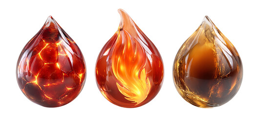 Three Unique Glass Droplets with Flame and Lava Effects