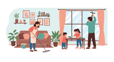 Adobe illustrator artwork vector illustration. A family-parents, children, and a cat-works together in a modern kitchen. A warm scene of shared chores, family bonding, and a happy home