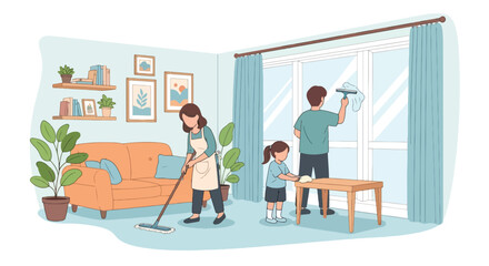 Adobe illustrator artwork vector illustration. A family-parents, children, and a cat-works together in a modern kitchen. A warm scene of shared chores, family bonding, and a happy home
